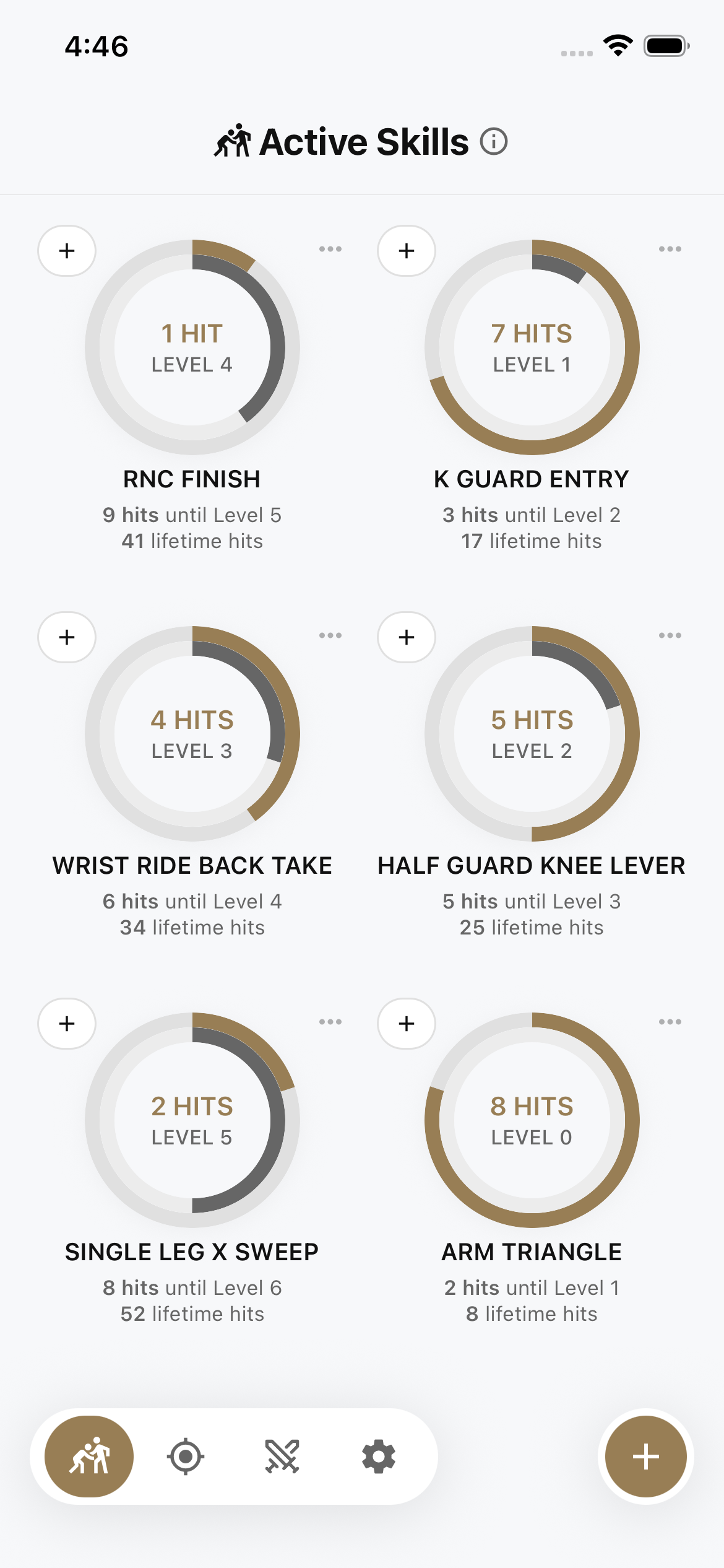 Active Skills board with two-ring level dials showing hit progress and level for each skill