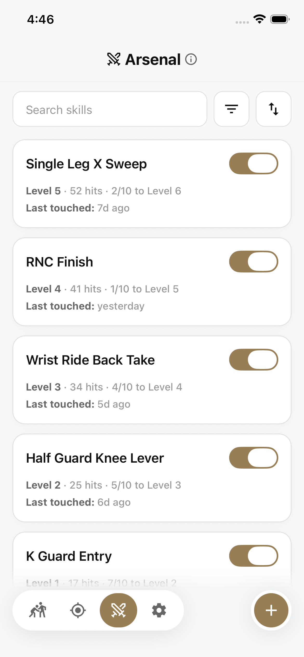 Arsenal screen listing all skills with levels, hit counts, and active toggles