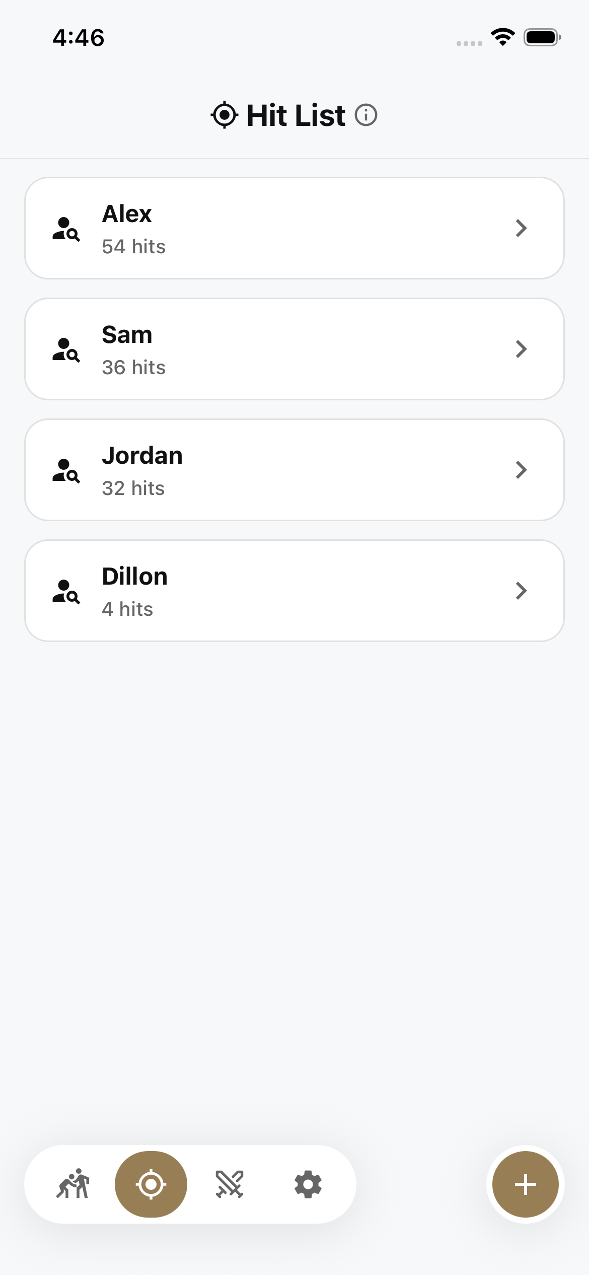 Hit List screen ranking training partners by how many times you've hit a skill on them