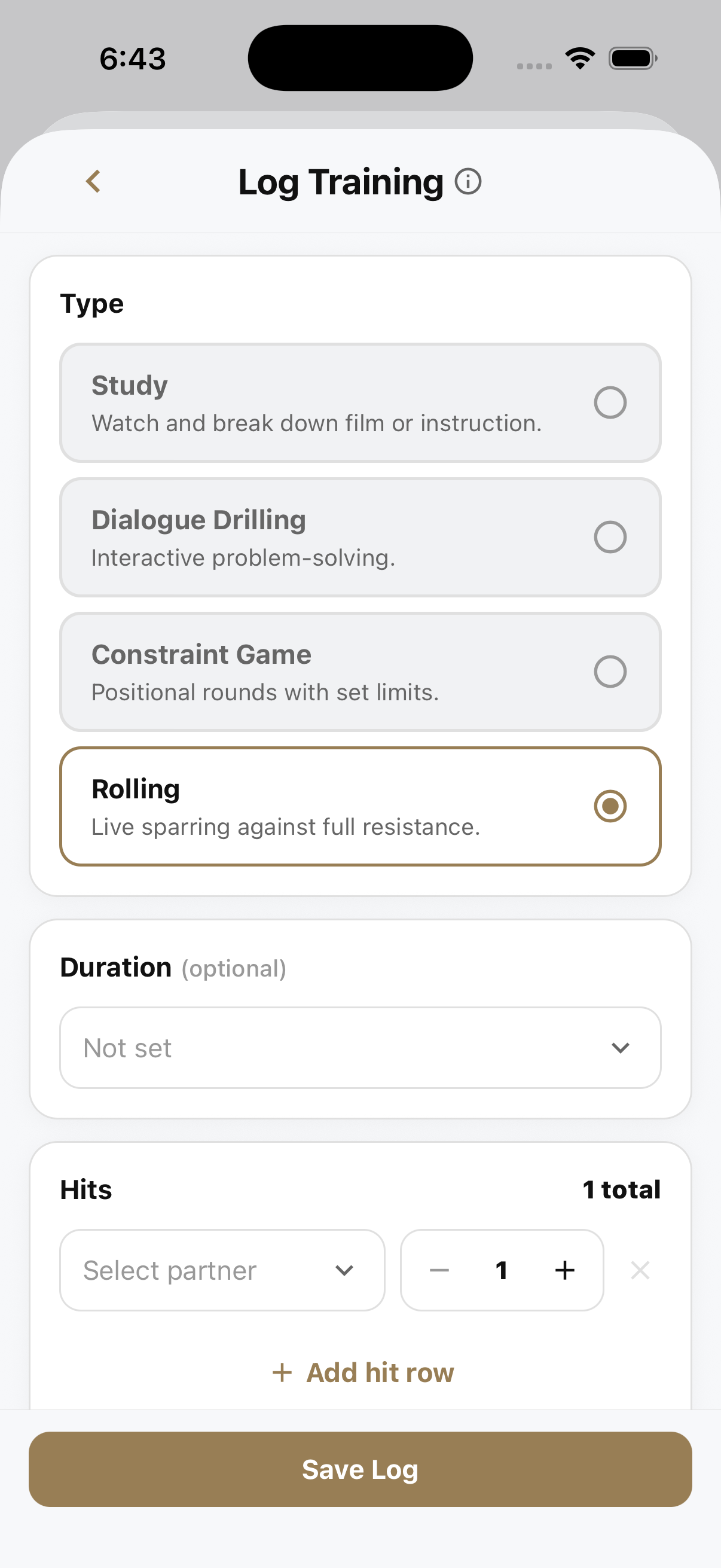 Log Training screen for recording the activity type and the hits you landed