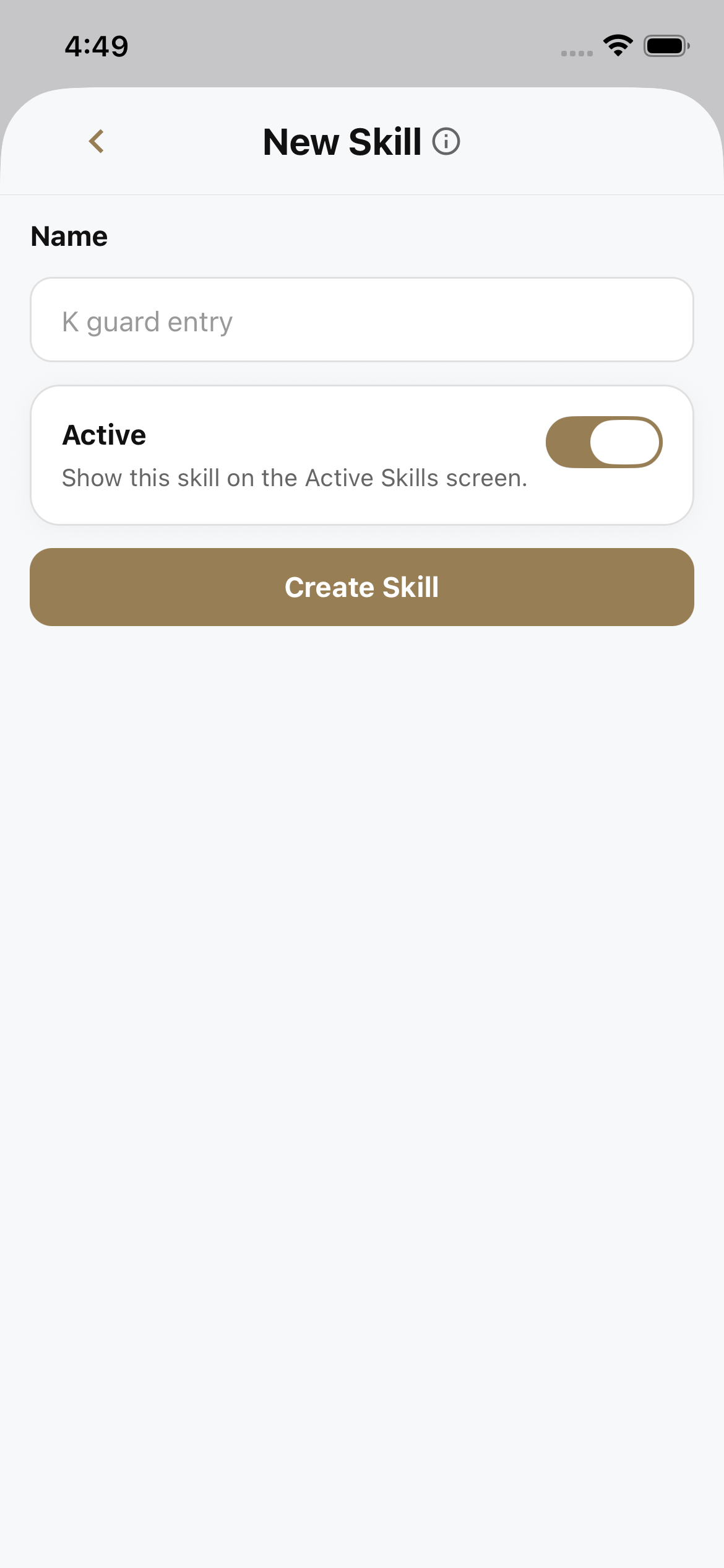 New Skill screen with a name field and a Create Skill button