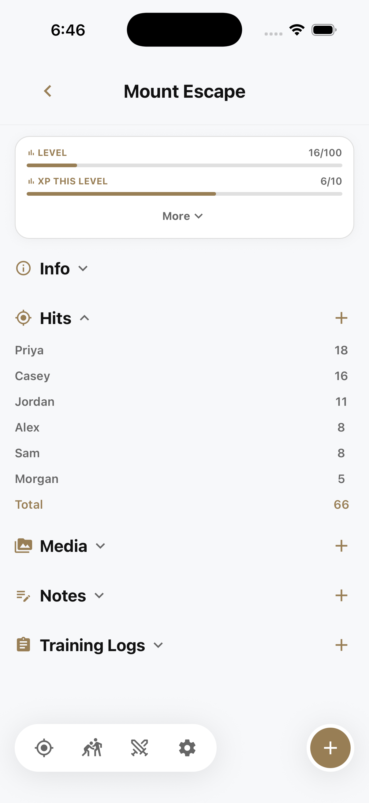 Mount Escape skill page with the Hits section expanded and other sections collapsed