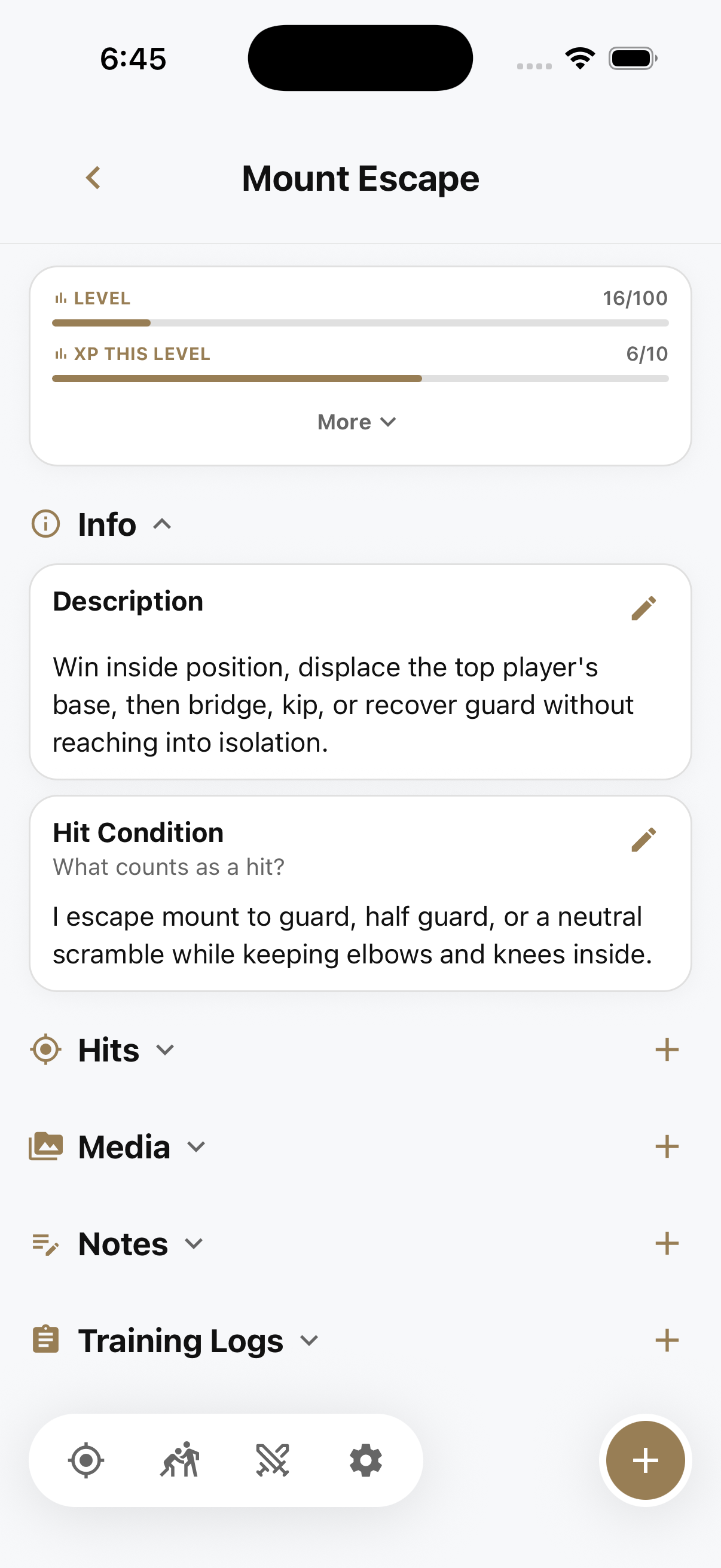 Mount Escape skill page with the Info section expanded and other sections collapsed
