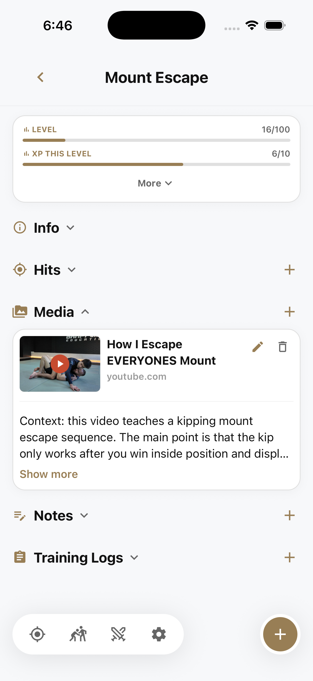 Mount Escape skill page with the Media section expanded and other sections collapsed