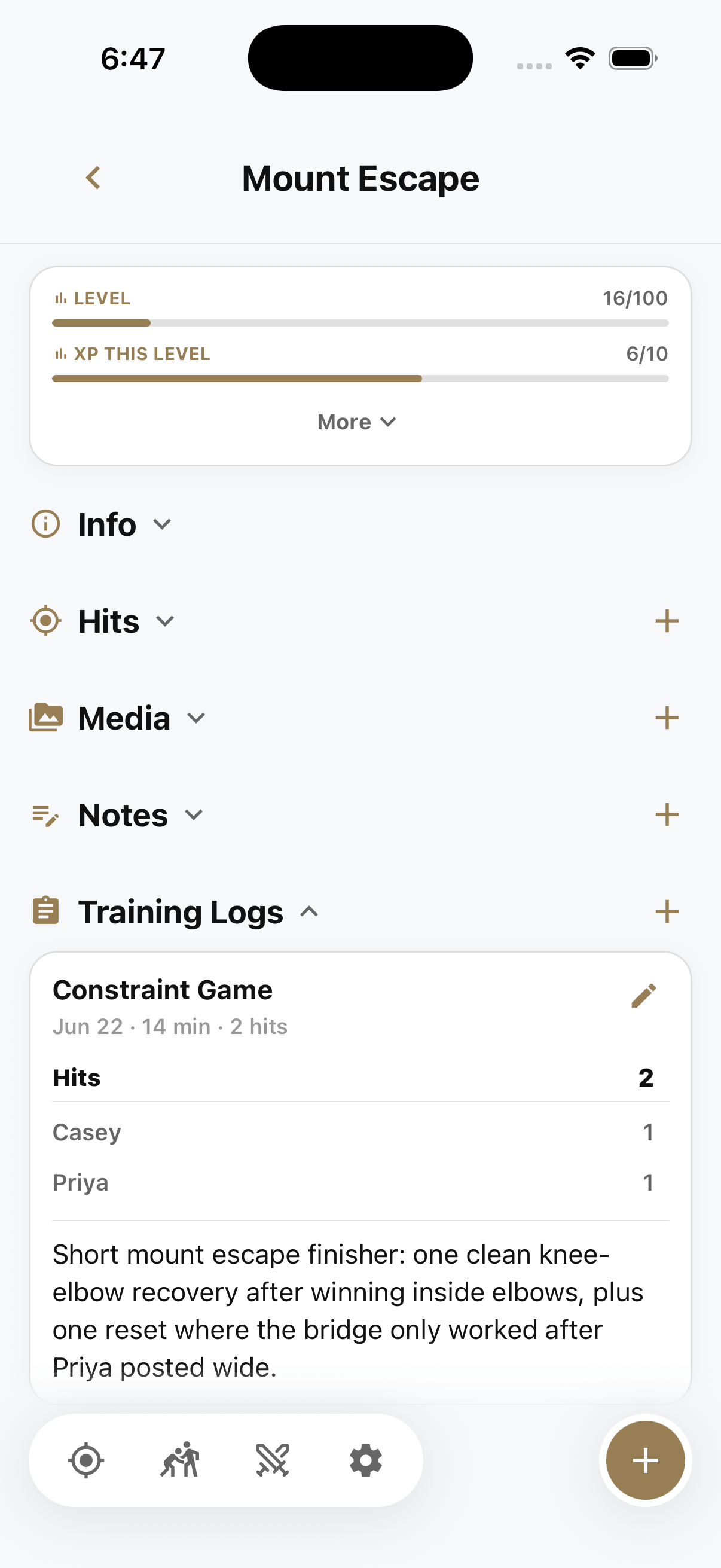 Mount Escape skill page with the Training Logs section expanded and other sections collapsed