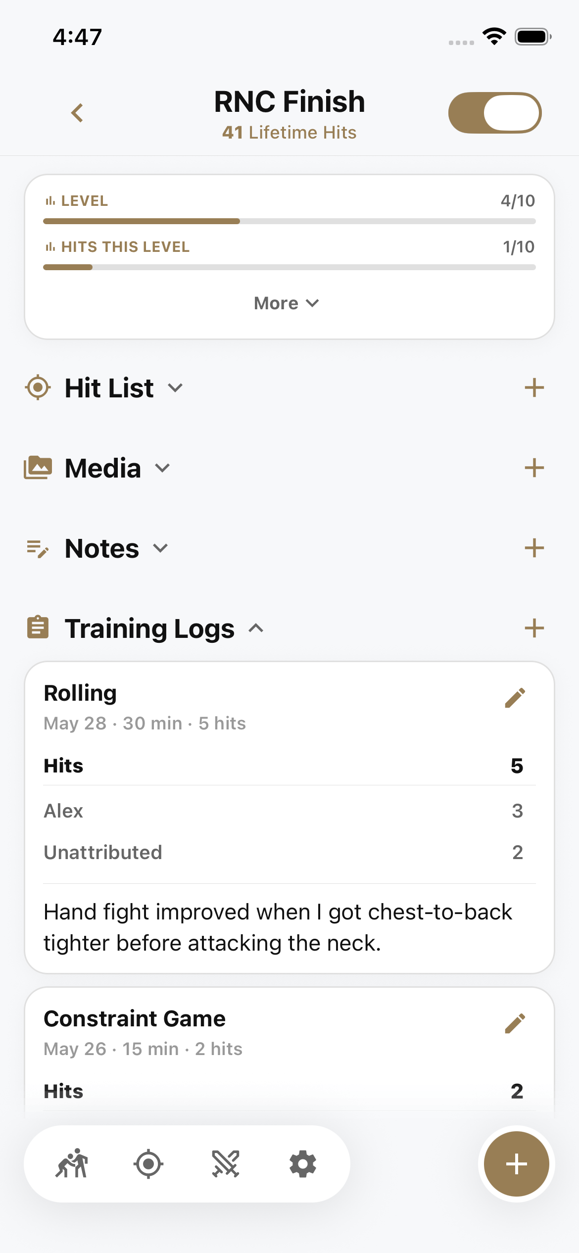 Skill page showing notes, media, and a log of past training sessions for a skill